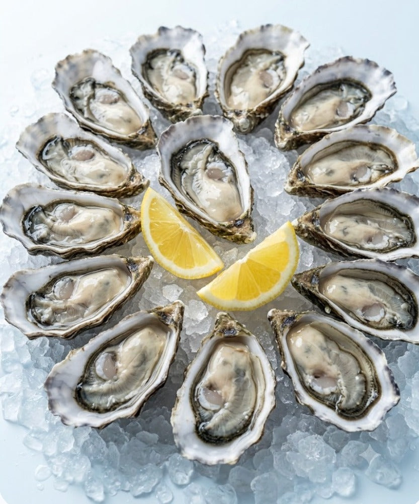 Opened oysters arranged in a circle on ice with lemon wedges