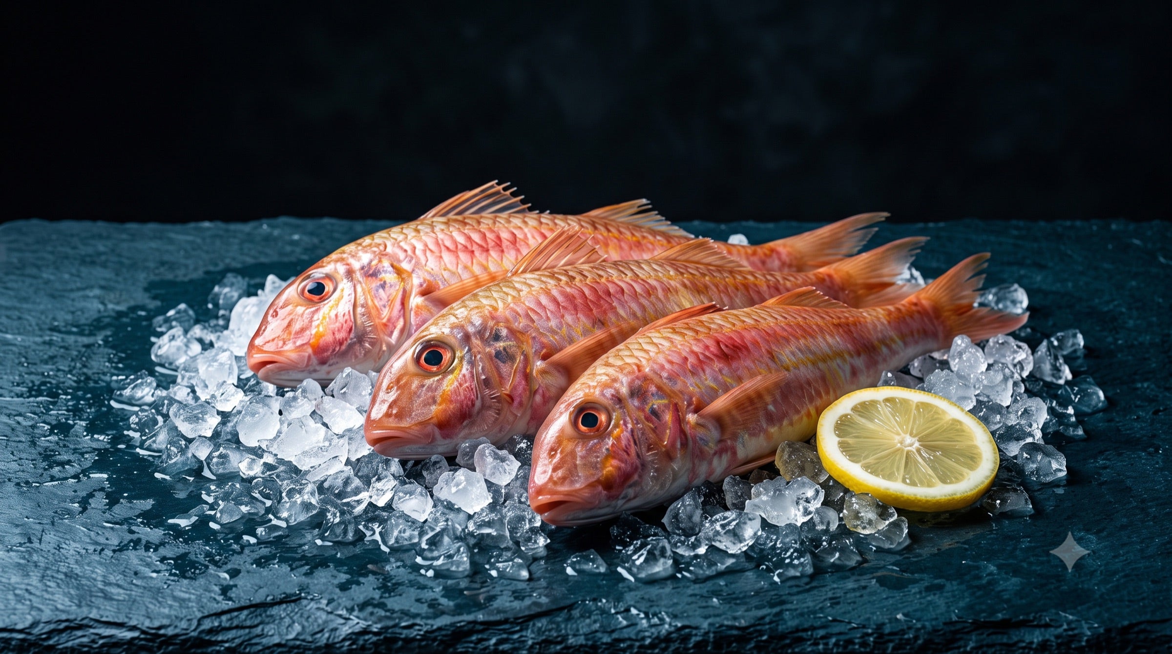 Fresh red mullet on crushed ice with lemon