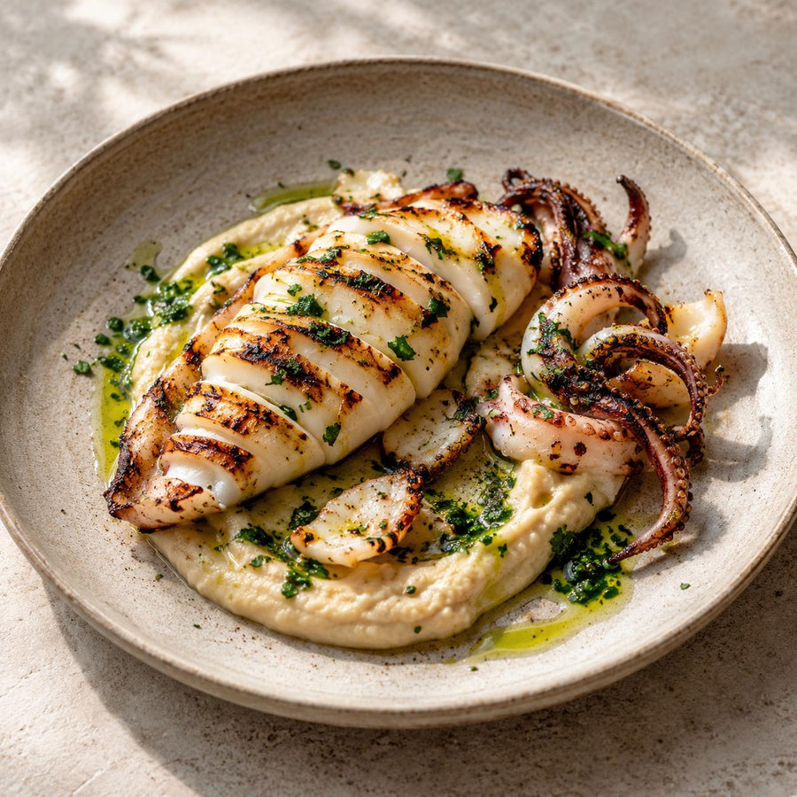 Chargrilled squid with scored body slices and curled tentacles on a pale purée with parsley oil on a stoneware plate