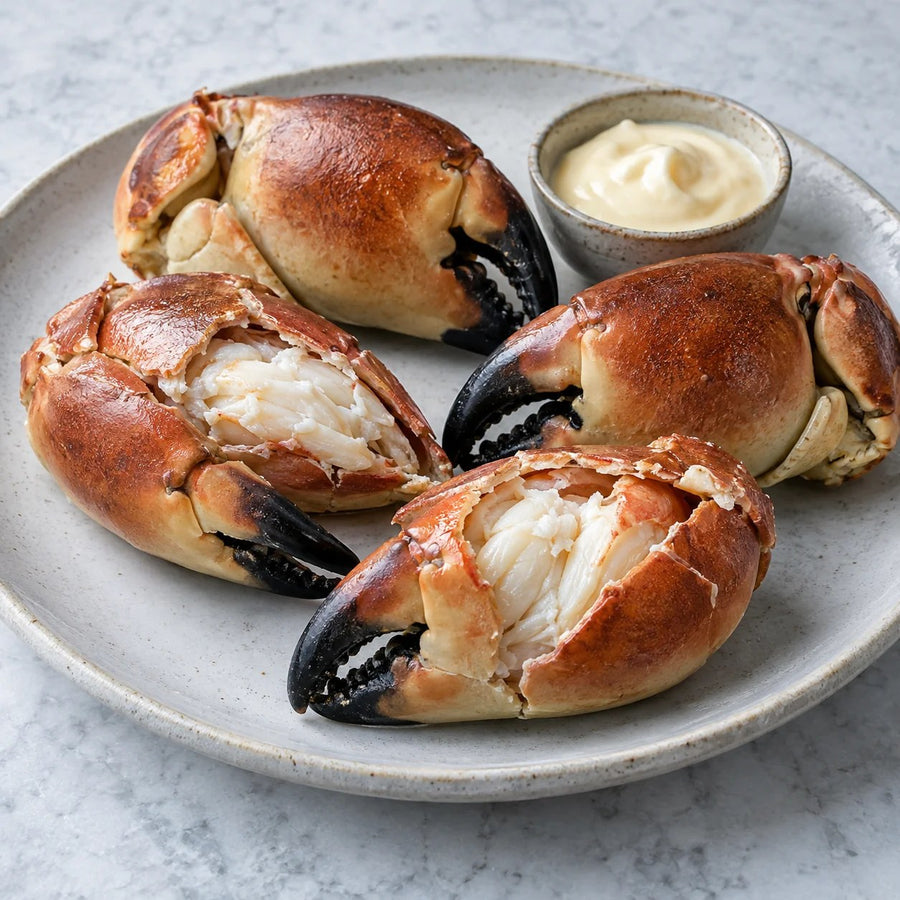 Cracked brown crab claws showing the white meat, with mayonnaise