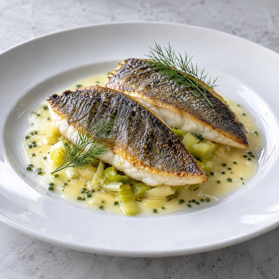 Two crisp skinned sea bream fillets on braised fennel with a butter sauce and dill