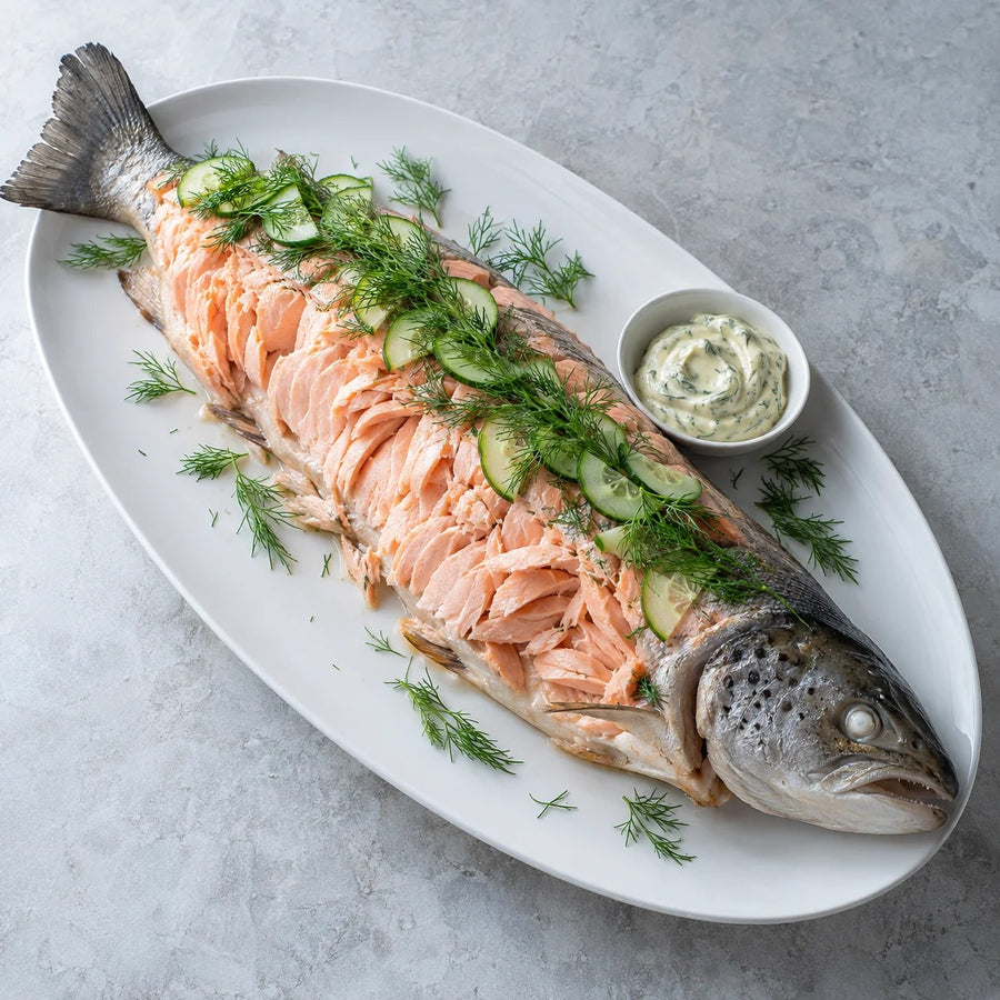 A whole dressed salmon carved and laid back, with cucumber, dill and a herb mayonnaise