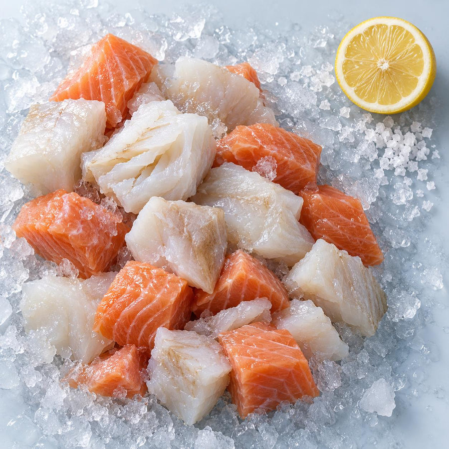 Raw fish pie mix of salmon and cod pieces on crushed ice with half a lemon and flaked sea salt