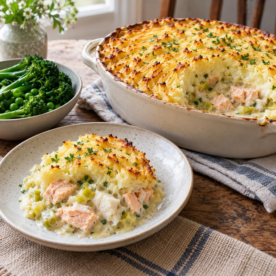Fish pie mix baked under browned mash with salmon, white fish and leeks, a portion on a speckled plate beside greens