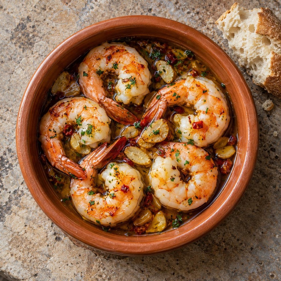 King tiger prawns, peeled with tails on, in garlic and chilli olive oil in a terracotta dish with parsley and bread