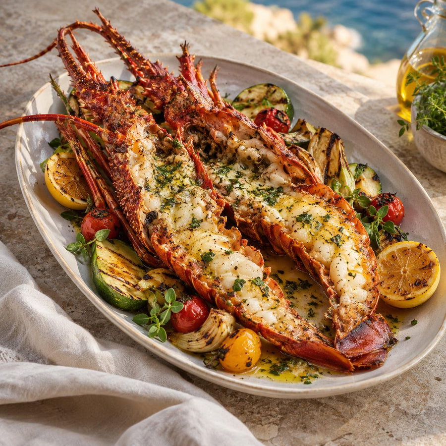 Crawfish split and grilled in the shell on an oval platter with herb butter, grilled courgette, cherry tomatoes and lemon