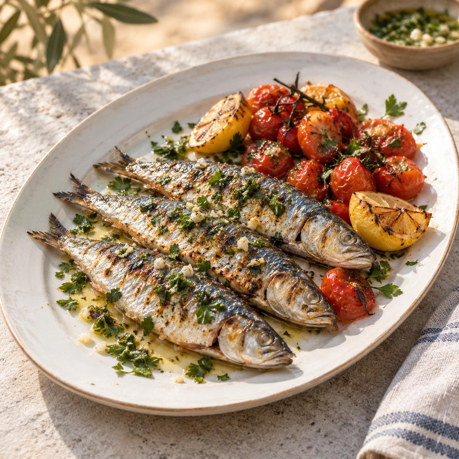Grilled whole sardines with parsley, garlic and olive oil beside roast cherry tomatoes and charred lemon on a white platter