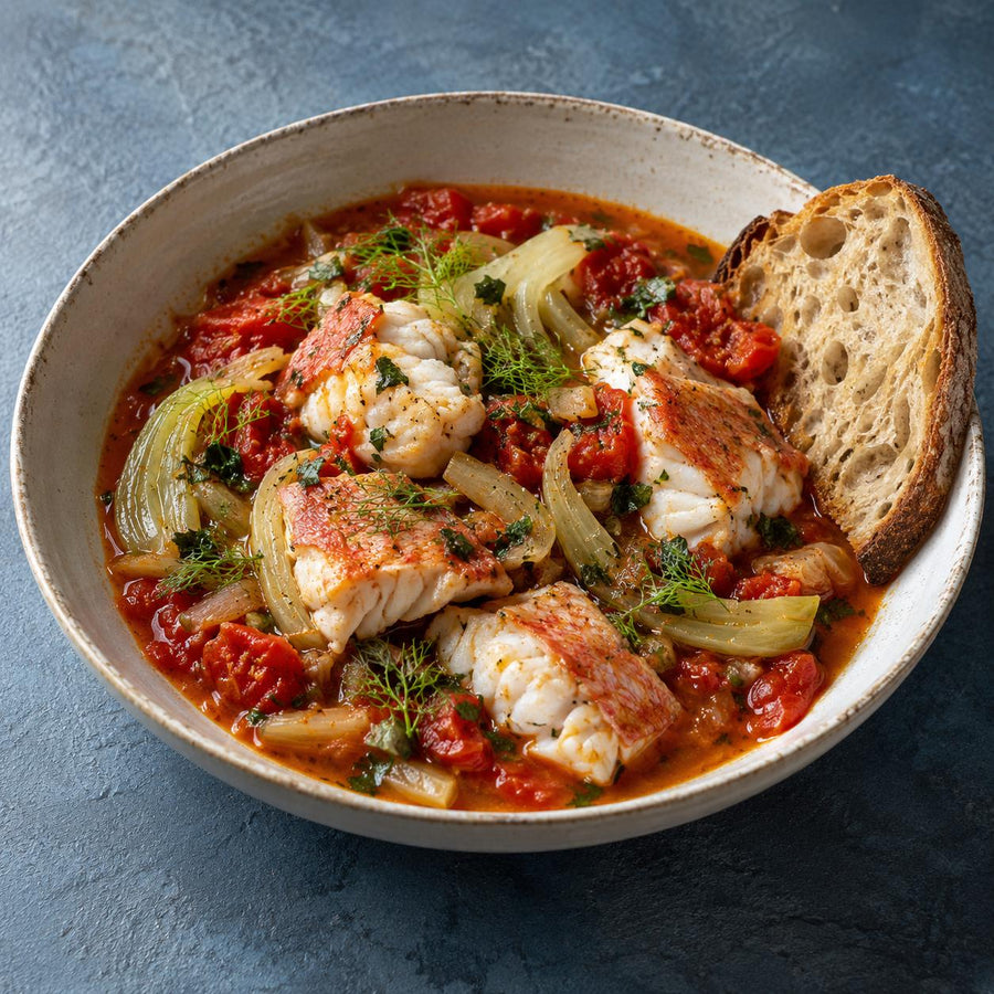 Gurnard fillet pieces in tomato and fennel broth in a white bowl with fennel fronds, parsley and crusty bread