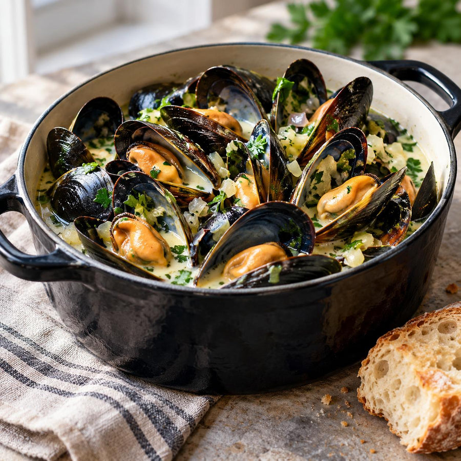 Steamed mussels in a creamy broth with shallot and parsley in a black cast-iron pot with crusty bread beside it