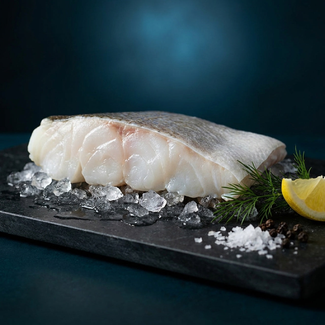 Skin-on white fish loin on crushed ice on a slate board with lemon and dill