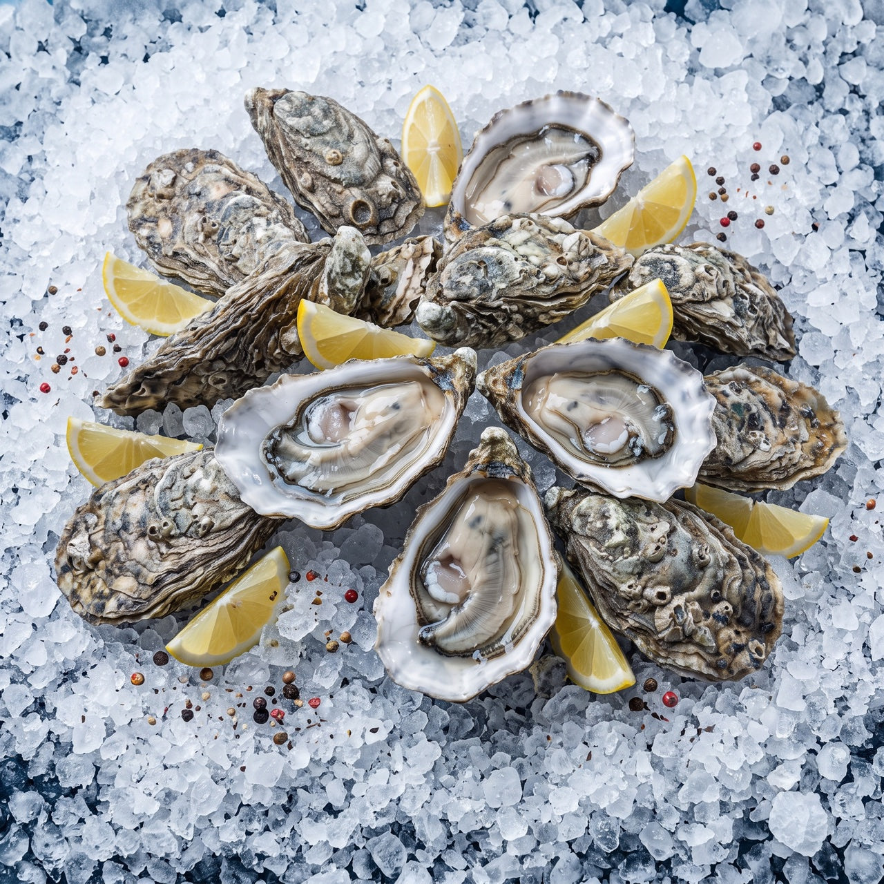 Opened and closed oysters on crushed ice with lemon wedges and peppercorns