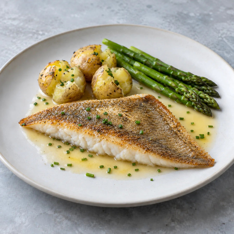 A crisp skin-on brill fillet in butter sauce with crushed new potatoes, asparagus and chives