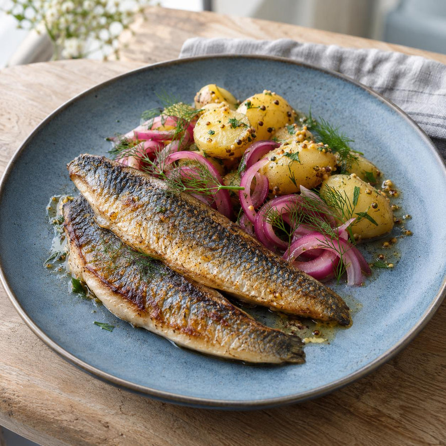 Pan-fried herring fillets with dill beside new potato salad with mustard seeds and pickled red onion on a blue plate