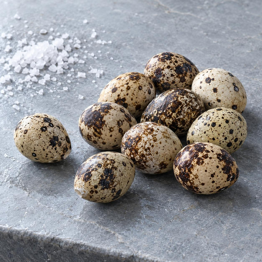 Speckled quail eggs on a grey stone slab with flaked sea salt