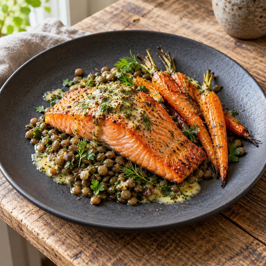 Roast wild salmon fillet with mustard herb sauce on lentils with roasted baby carrots on a charcoal plate