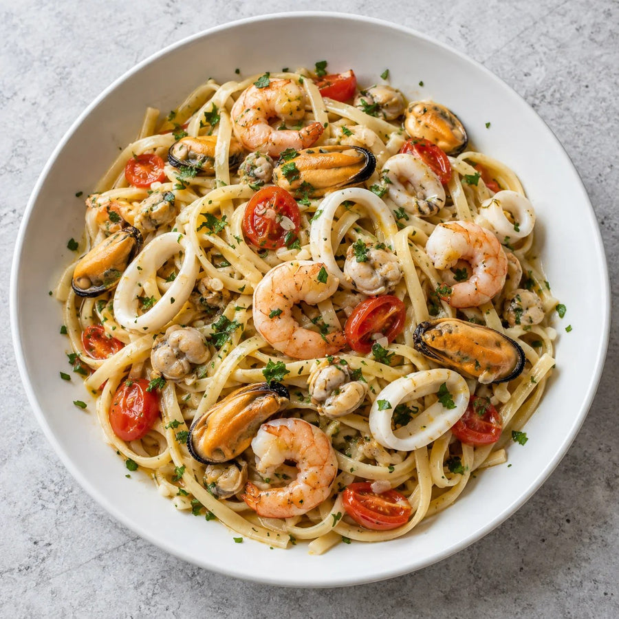 Linguine with peeled prawns, squid rings, mussels and cherry tomatoes