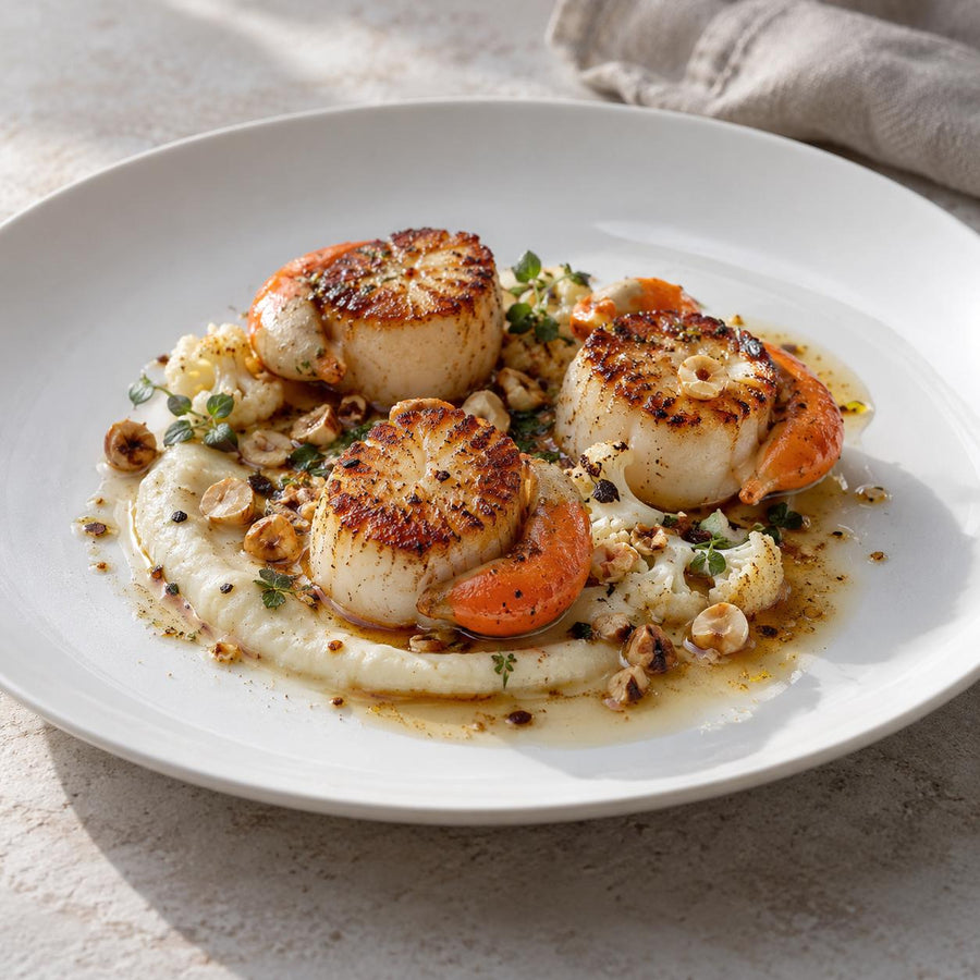 Seared scallops with roe on cauliflower purée with hazelnuts, thyme and brown butter on a white plate