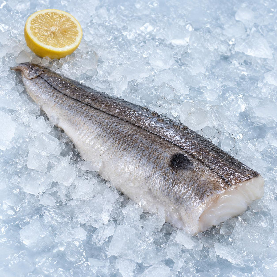 A raw skin-on haddock fillet with its dark thumbprint mark on crushed ice beside half a lemon