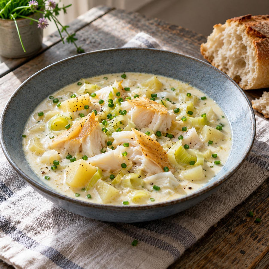 Smoked haddock chowder with potato, leek and chives in a blue-grey stoneware bowl beside crusty bread