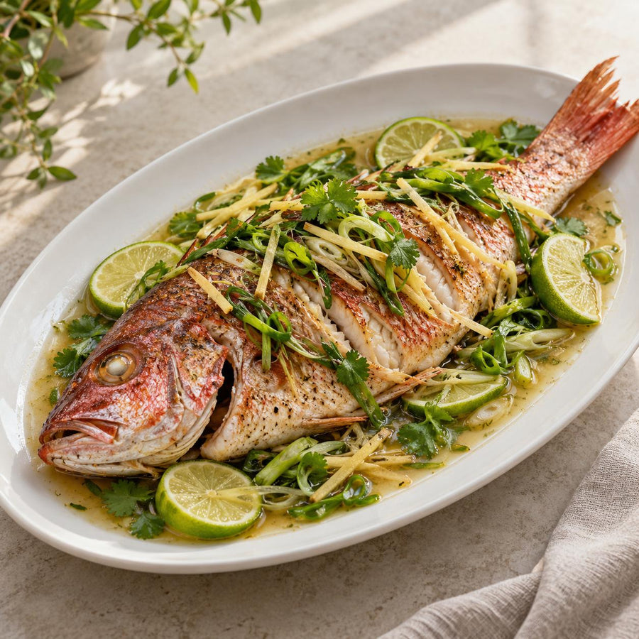 Whole red snapper topped with ginger, spring onion and coriander with lime slices on a white oval platter