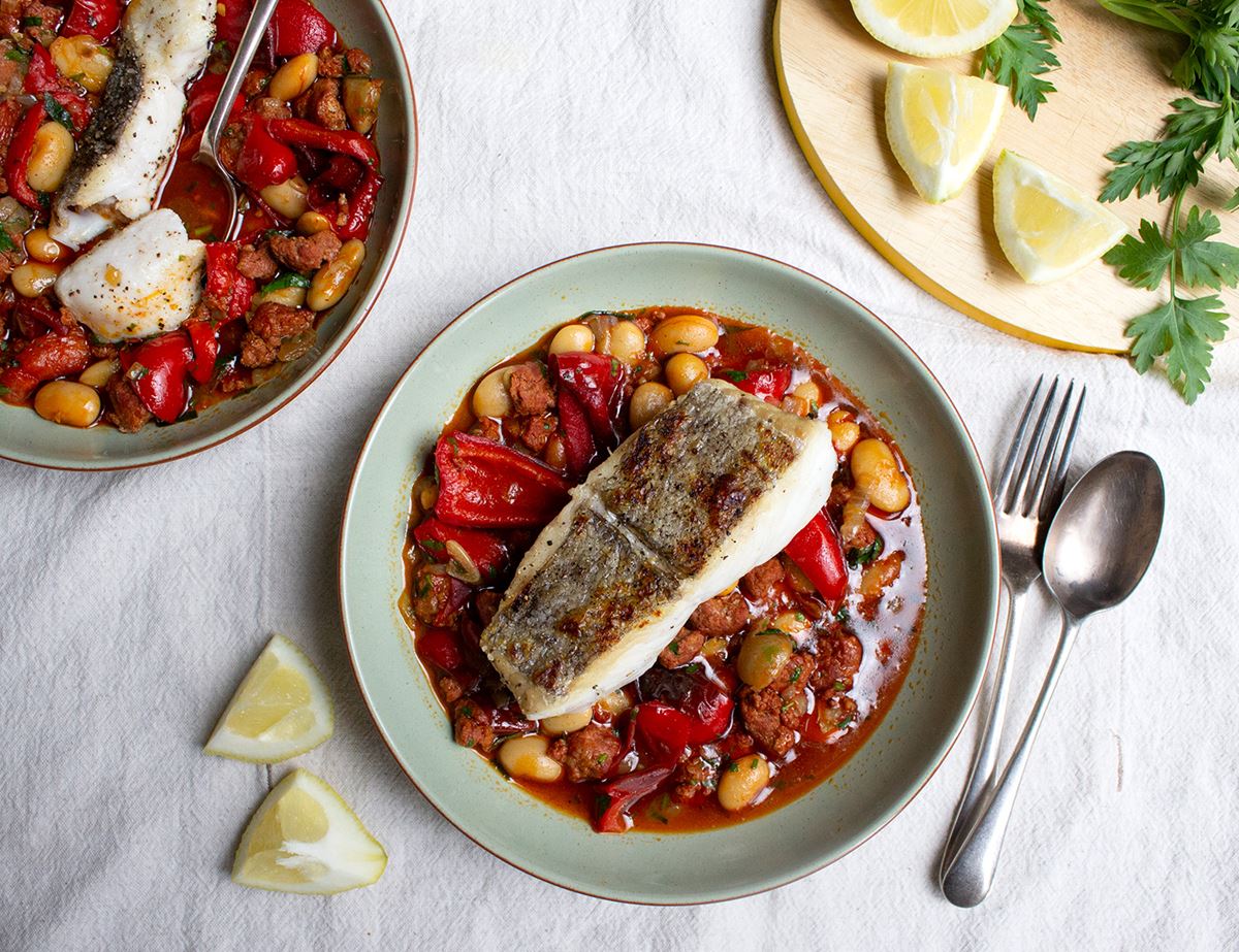 Hake with chorizo and butter beans