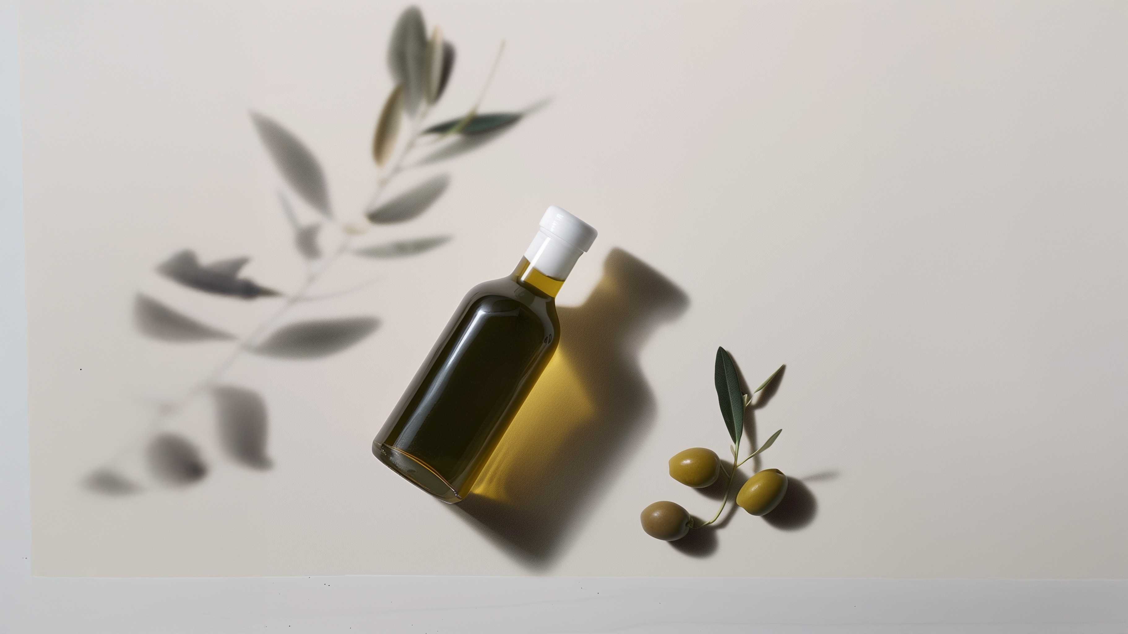 Olive oil and olives on a marble counter