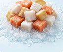 Fish pie mix, cubed white fish and salmon on crushed ice