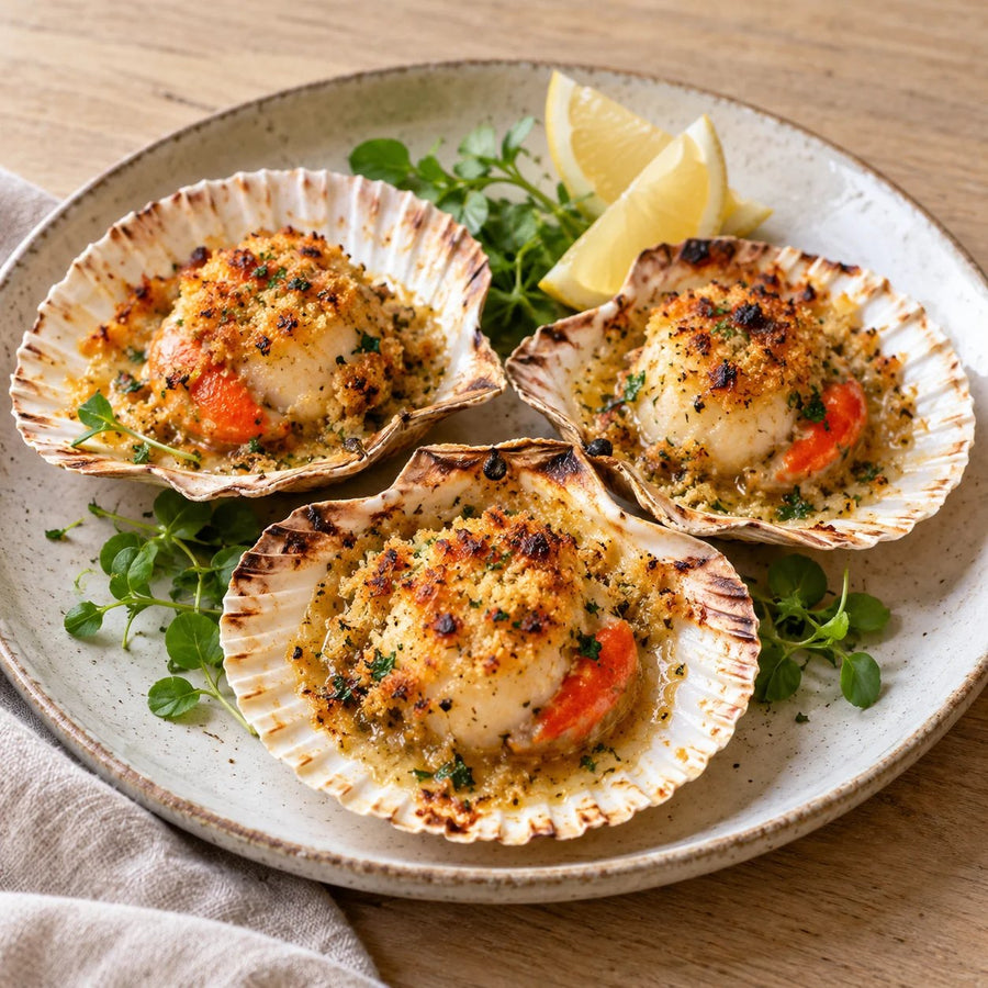 Three scallops baked in the half shell under a garlic and herb crumb with lemon wedges and watercress on a stoneware plate
