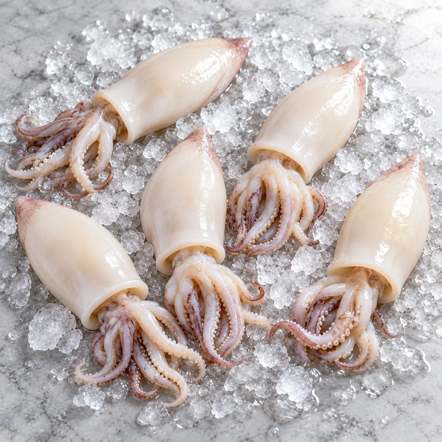 Five cleaned squid tubes with their tentacles on crushed ice