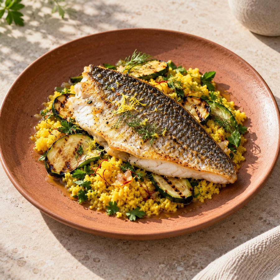 Crisp-skinned sea bream fillet on saffron couscous with griddled courgette, dill and parsley on a terracotta plate
