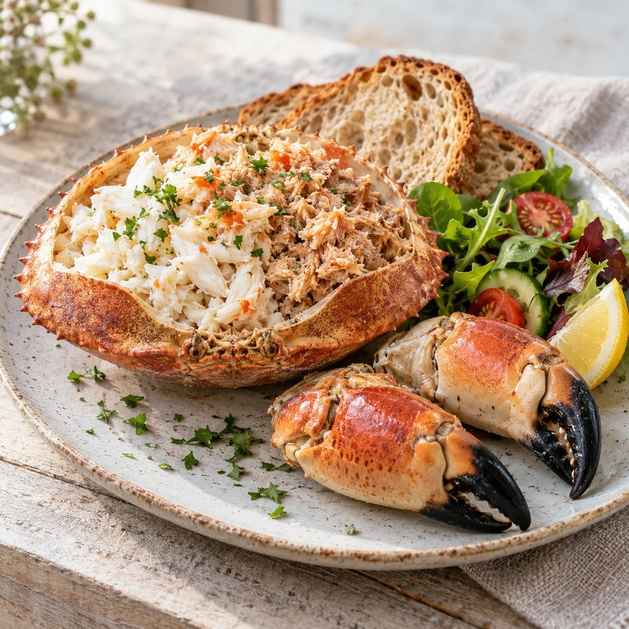 A dressed brown crab with white and brown meat in its shell, claws, a leaf salad, sourdough toast and a lemon wedge on a plate