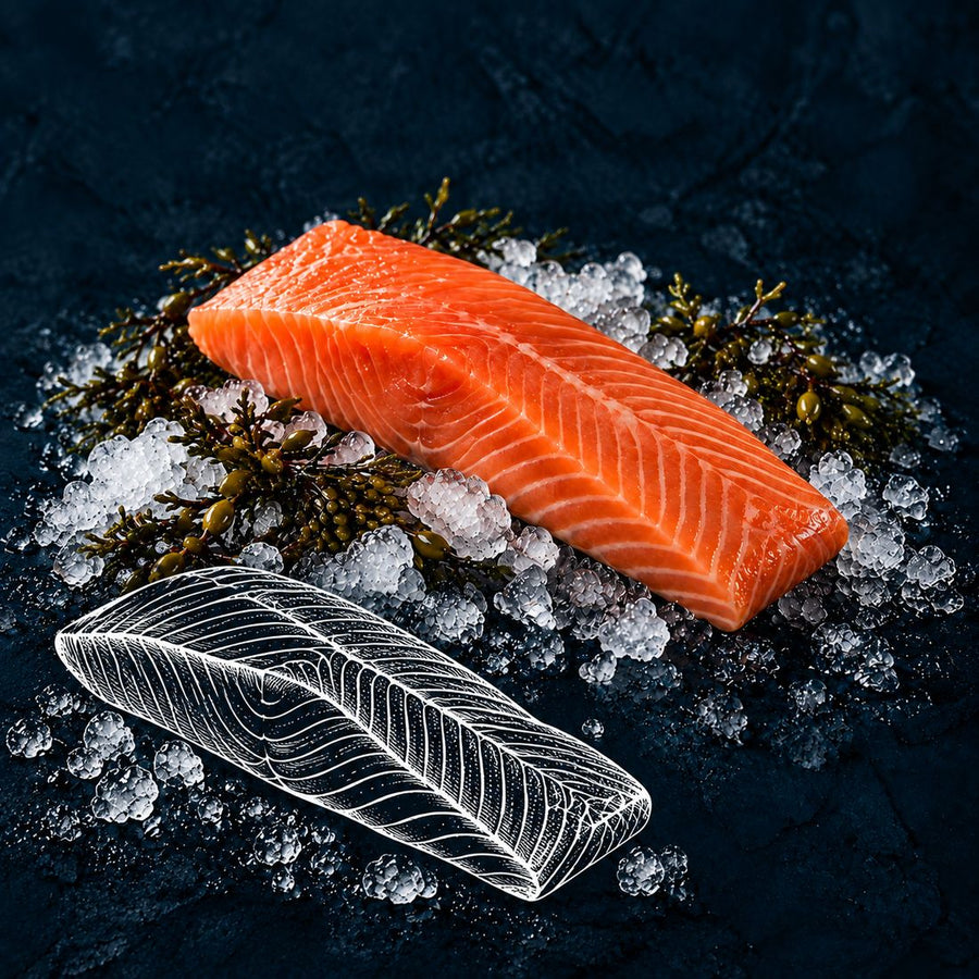 Salmon fillet on crushed ice, cut to order at the counter