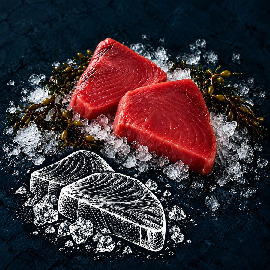 Two tuna steaks on crushed ice, cut to order at the counter