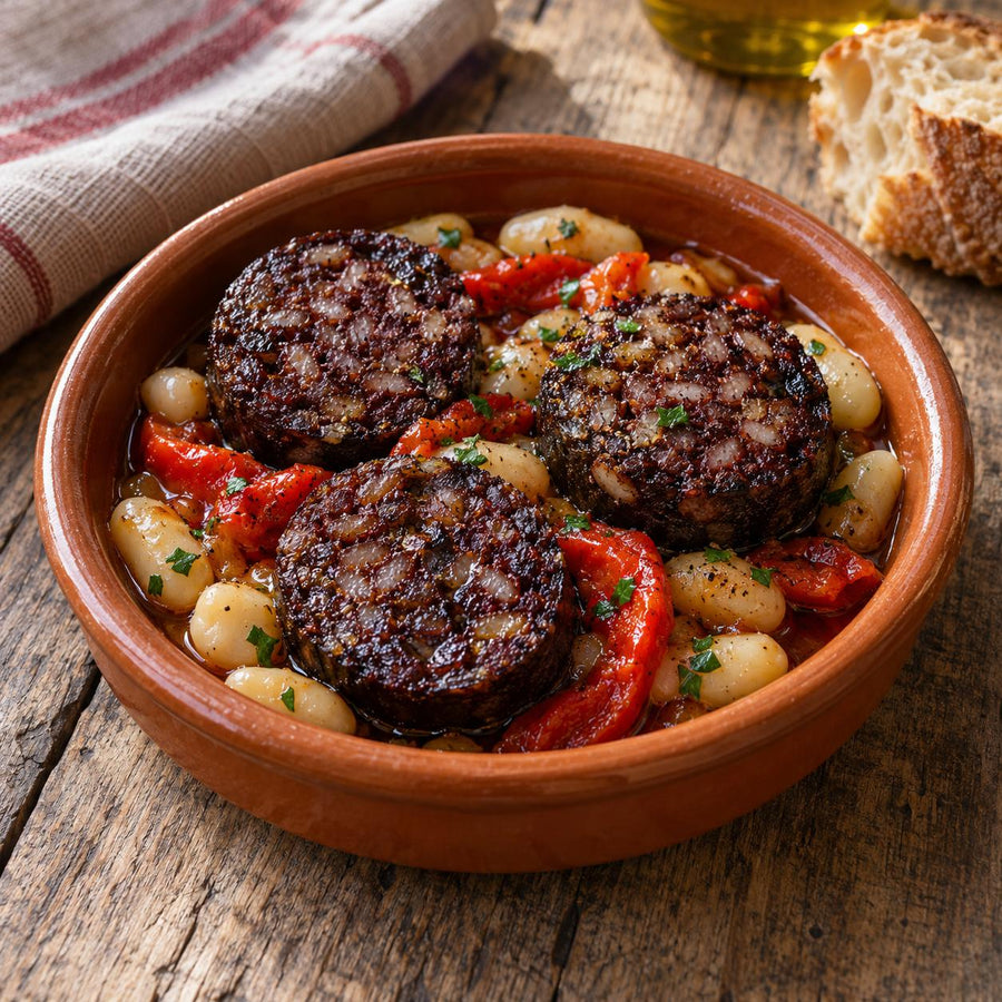 Morcilla de Burgos rounds fried with white beans and roasted red peppers in a terracotta cazuela on a wooden table