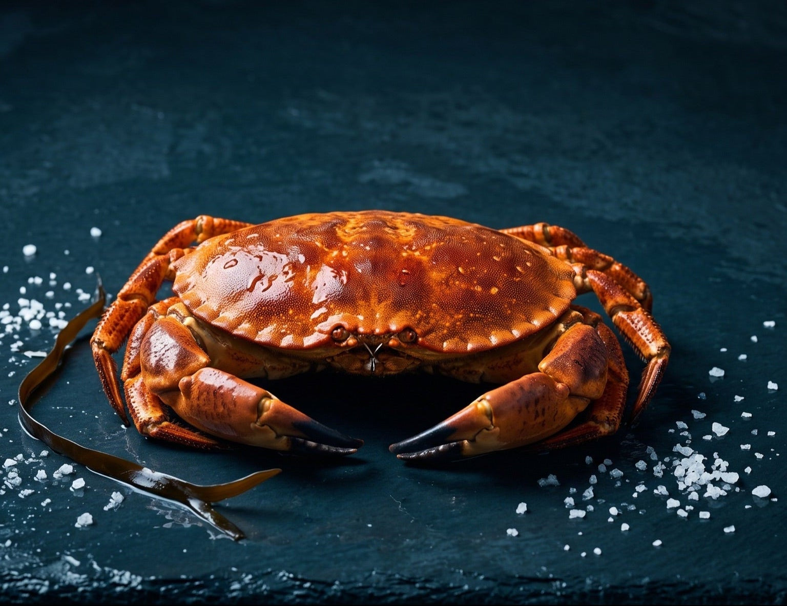 A whole brown crab on dark slate with sea salt