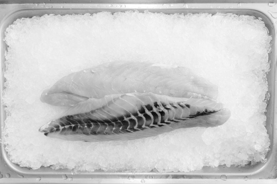 Black and white photograph of fish fillets cut to order and set on crushed ice