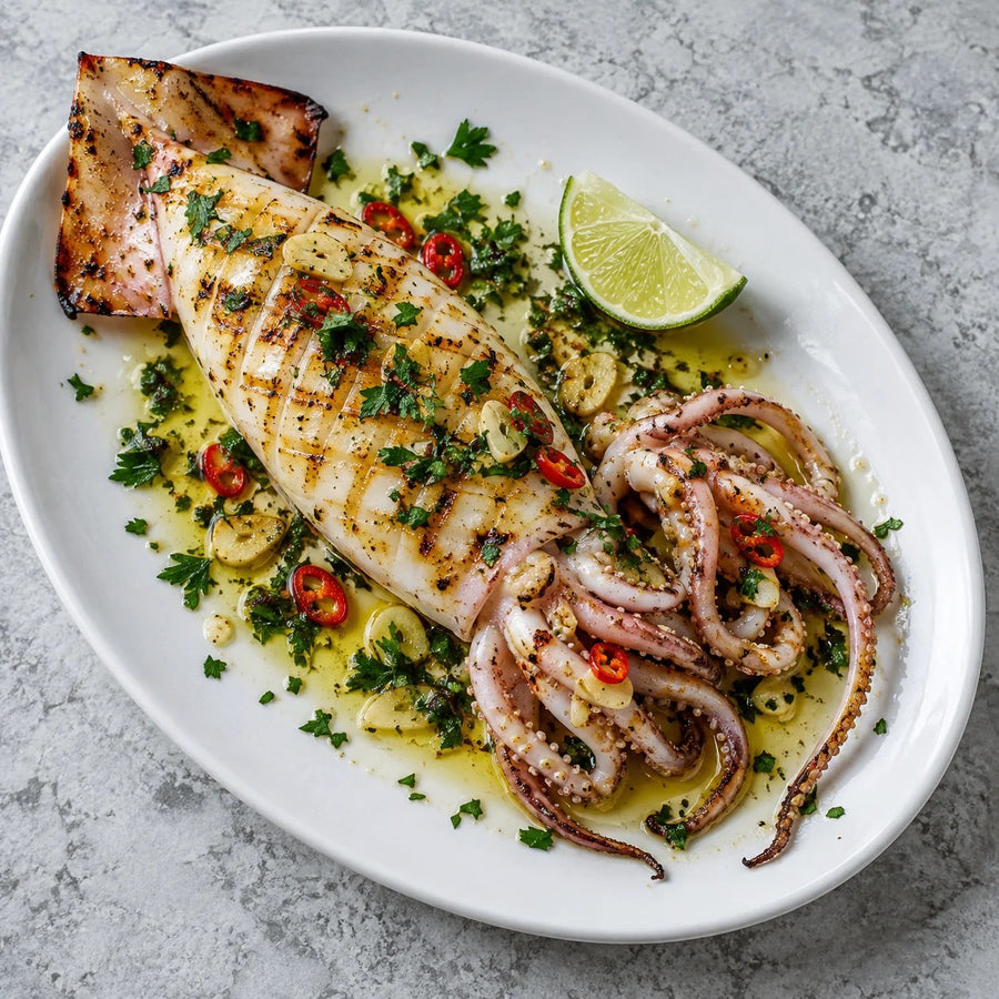 A grilled squid tube and tentacles with chilli, garlic, parsley and lime