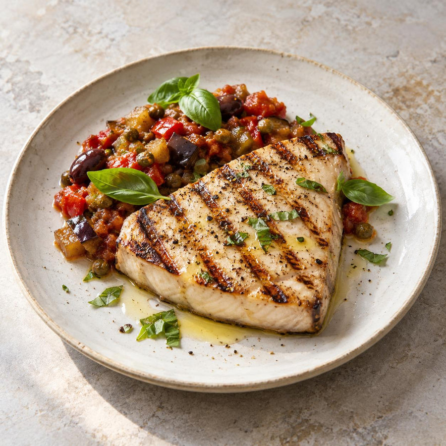 Grilled swordfish steak with aubergine, olive and caper caponata and basil on a speckled stoneware plate