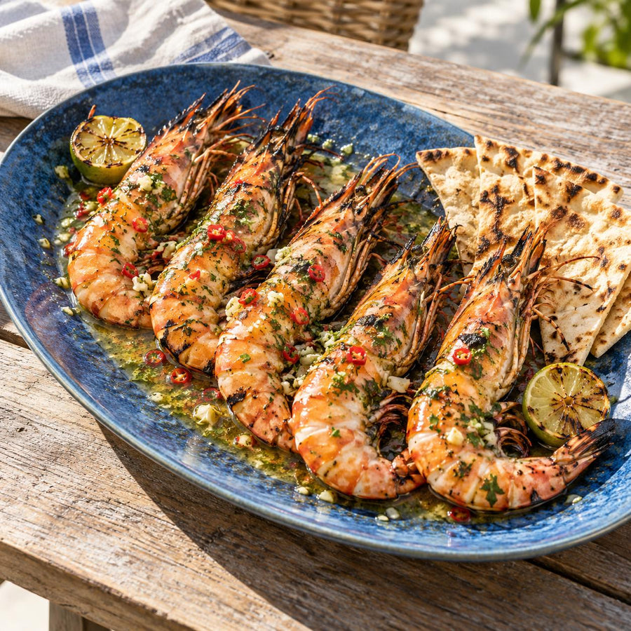 Grilled tiger prawns in garlic and chilli oil on a blue platter with charred lime and flatbread