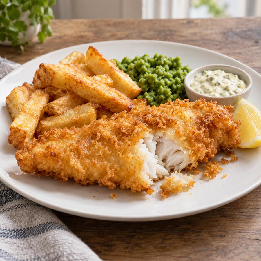 Haddock in a crisp golden coating with chunky chips, mushy peas, tartare sauce and a lemon wedge on a white plate