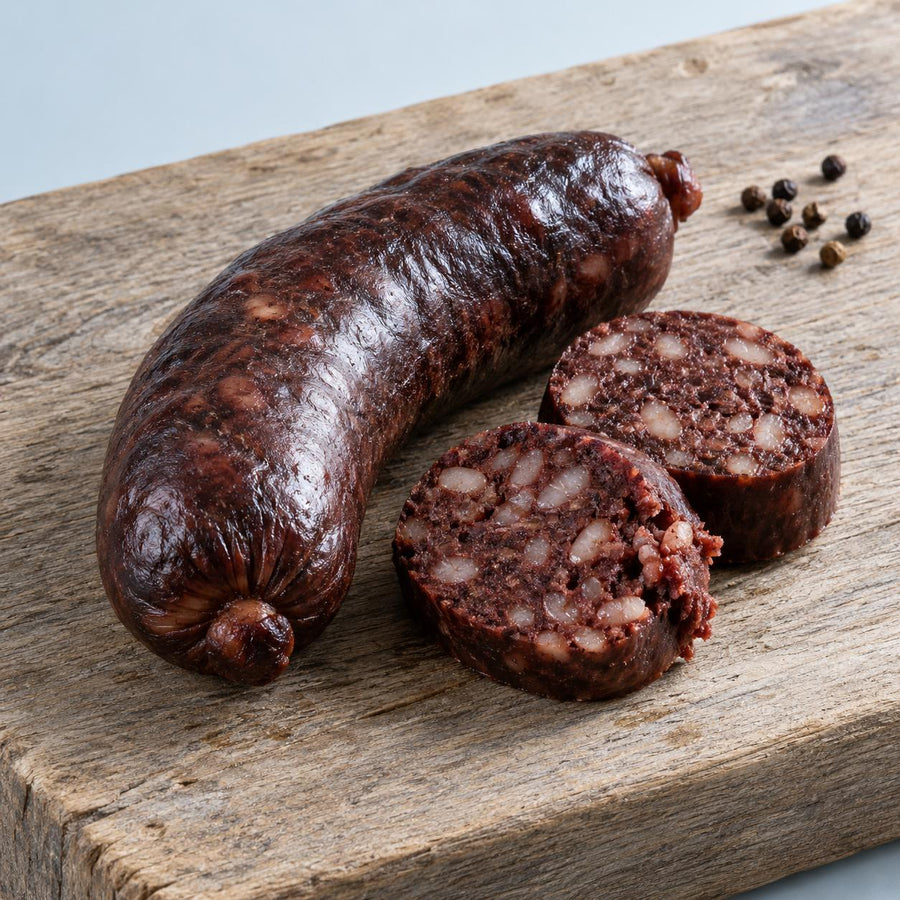 A Morcilla de Burgos black pudding with two slices cut on a weathered oak board with black peppercorns