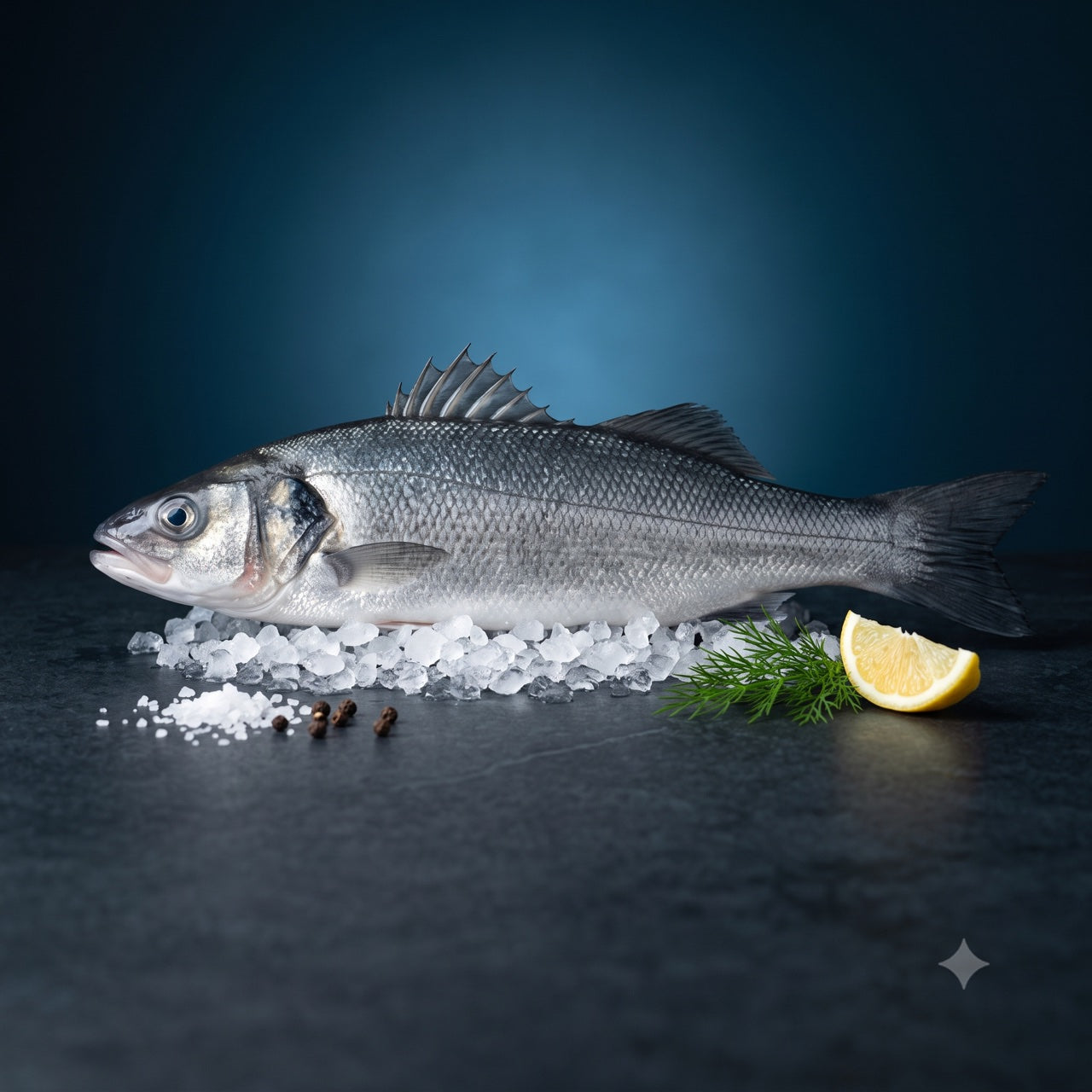 A whole silver fish on crushed ice with lemon, dill and peppercorns