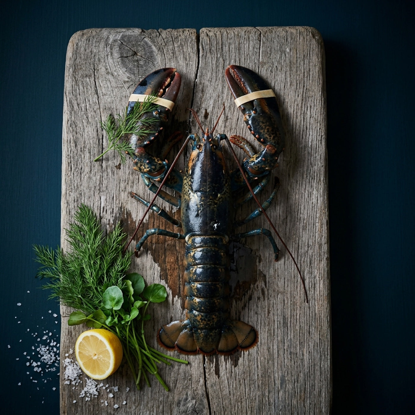 Whole raw lobster with banded claws on a wooden board with lemon and herbs