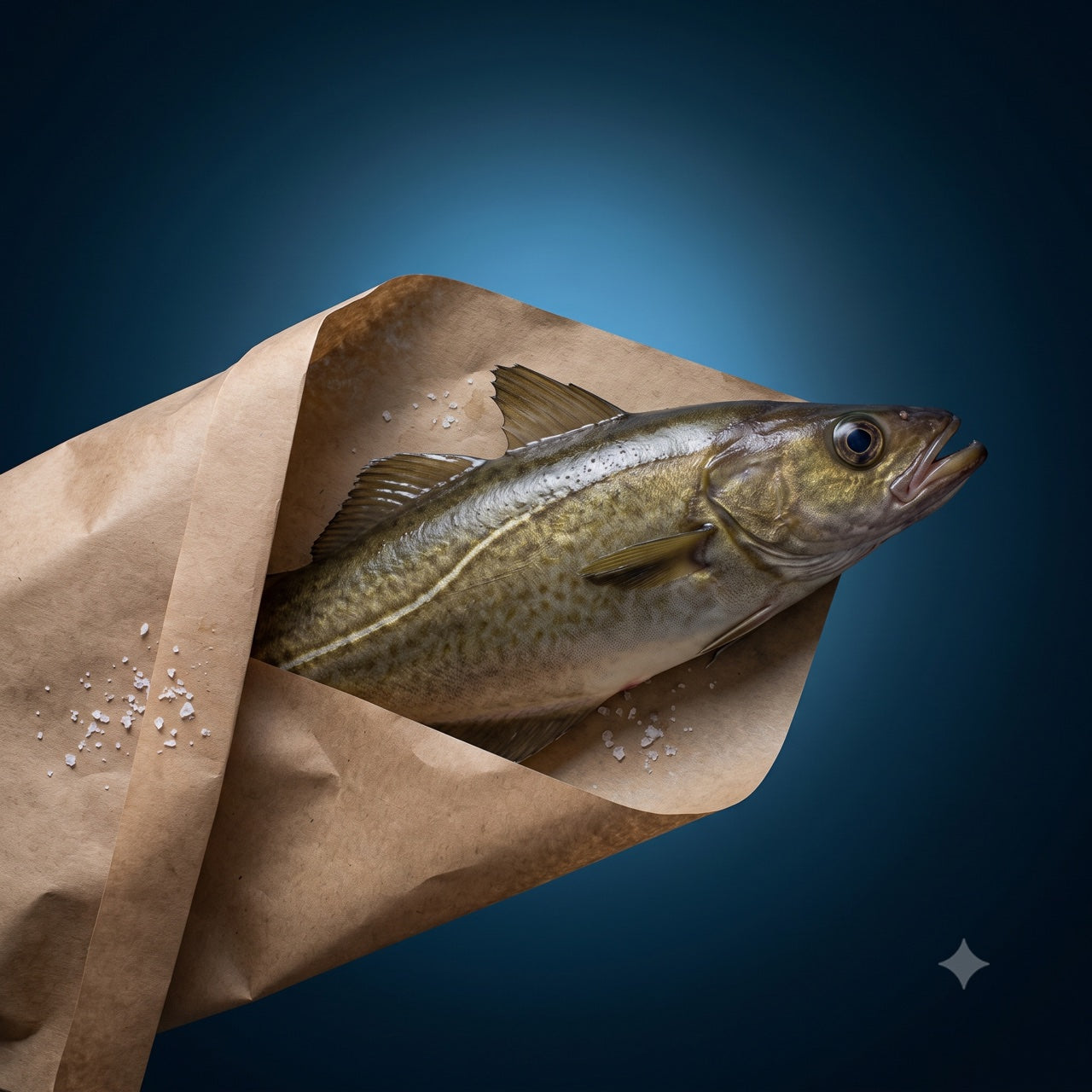 A whole round fish in kraft paper with sea salt