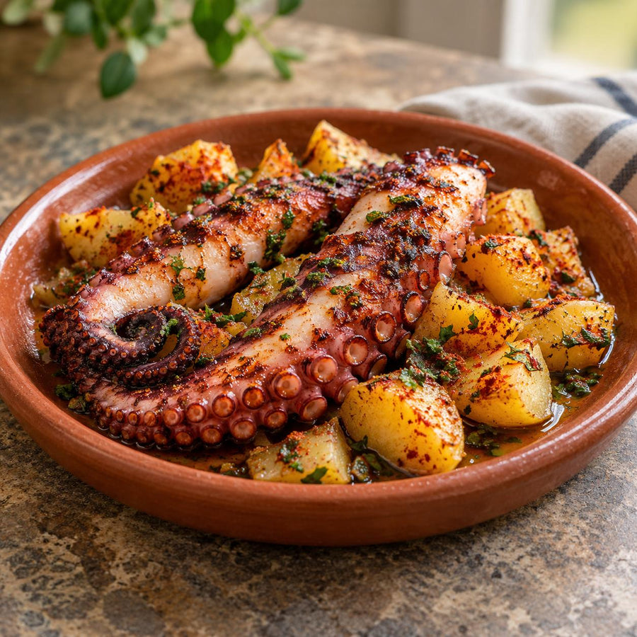 Roast octopus arms with paprika potatoes and parsley in a terracotta dish on a stone worktop