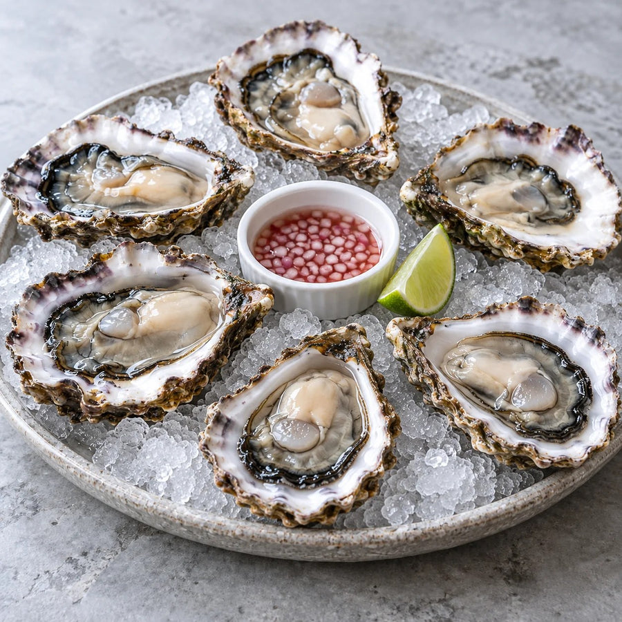Six raw rock oysters on the half shell on crushed ice with mignonette and lime