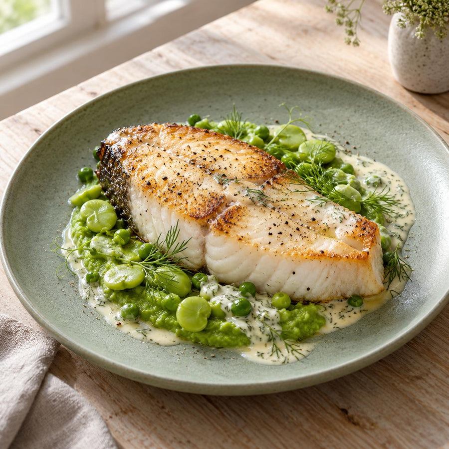 Seared halibut on crushed peas with broad beans, dill and cream sauce on a sage green plate