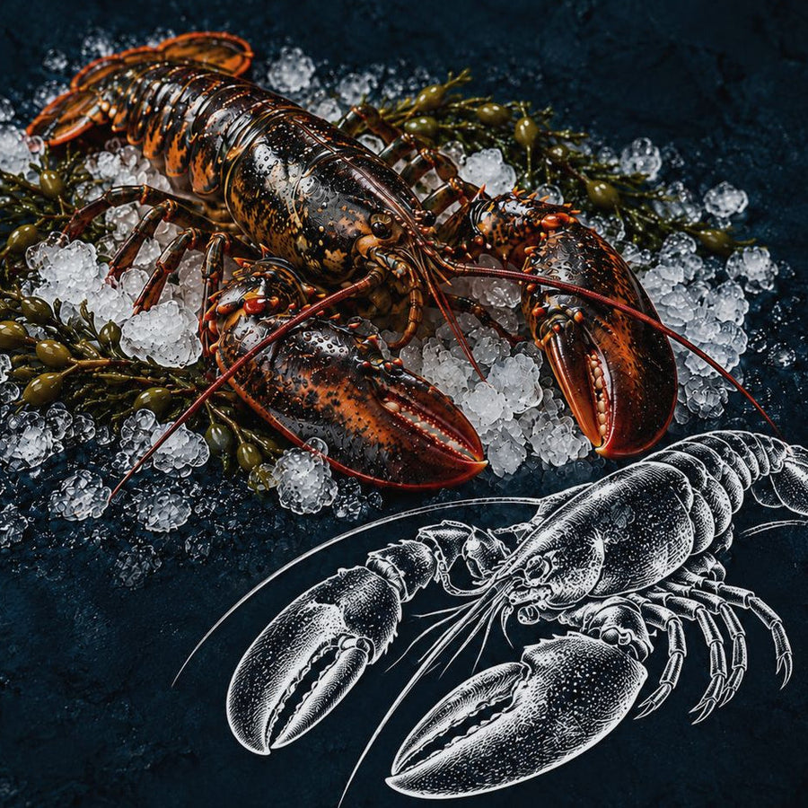 Whole native lobster on crushed ice at the shellfish counter
