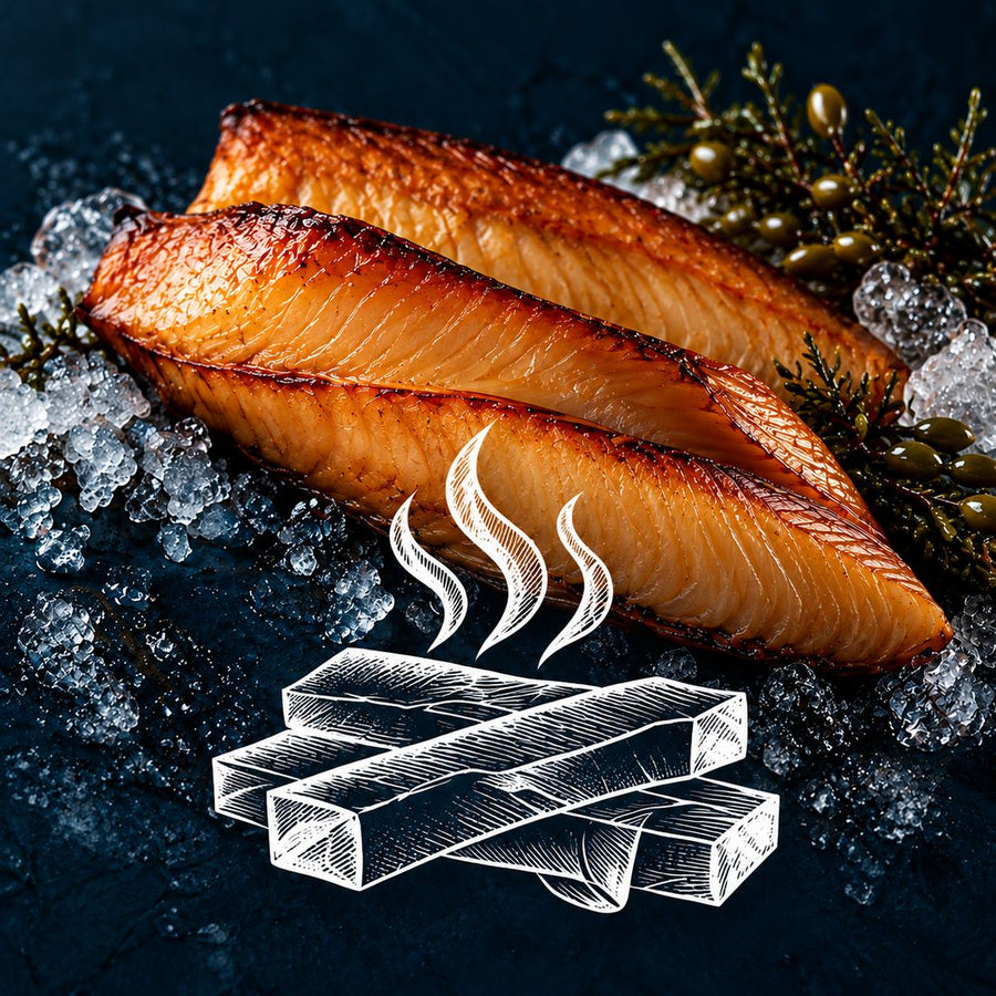 Smoked haddock fillets on crushed ice at the counter
