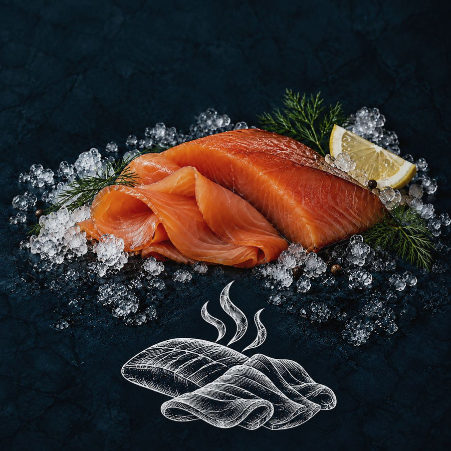 Sliced smoked salmon with dill and lemon on crushed ice